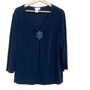 COLDWATER CREEK top black v-neck stretchy shirt beaded lace embellished blouse